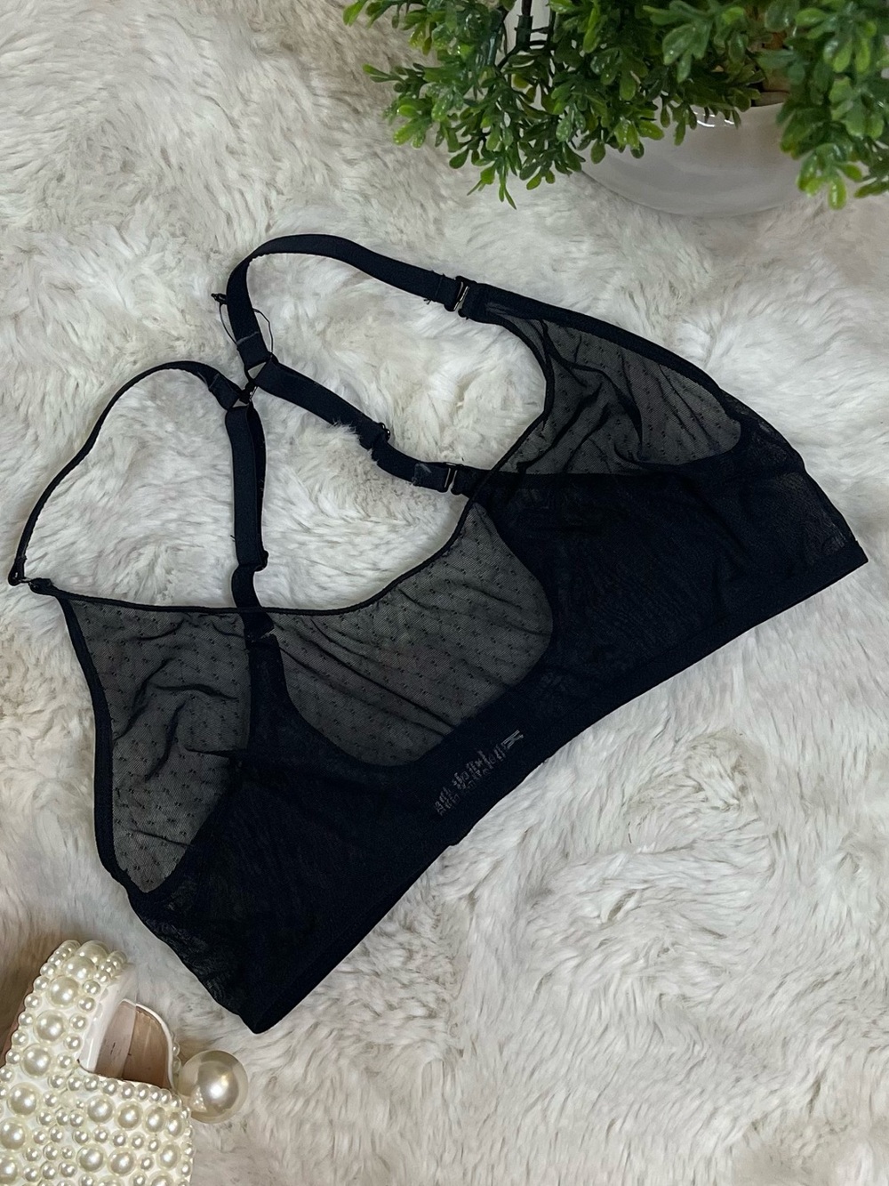 Kittenish Black Sheer Swiss Dot Mesh Triangle Bralette Bra Size 2 S